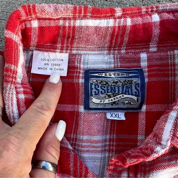 Vintage Karman Red White Plaid Flannel Pearl Snap Western Shirt XXL - Picture 7 of 7